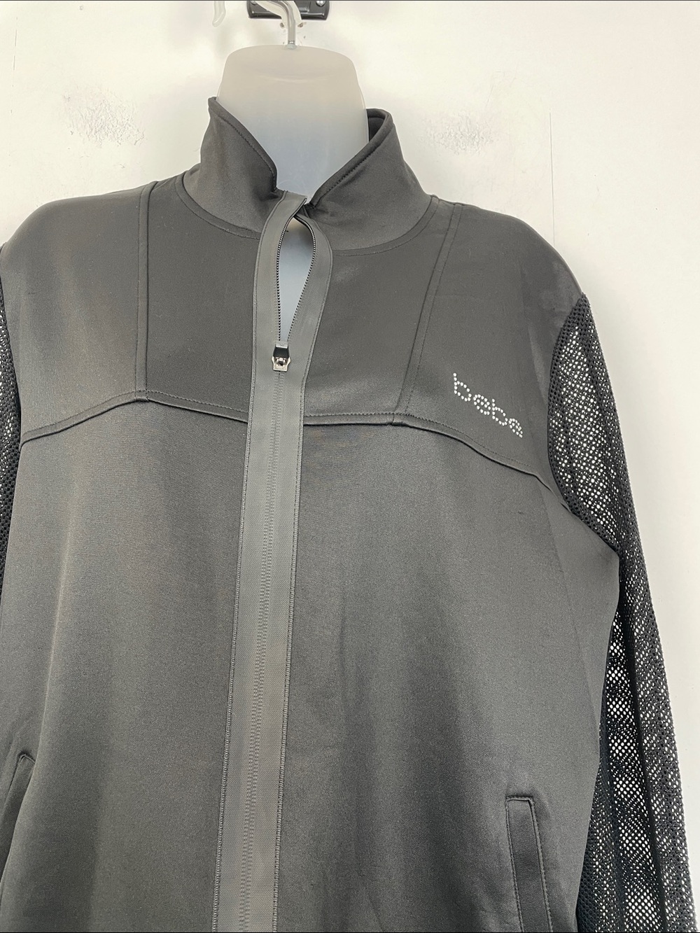 BEBE Mixed Media Mesh Knit Long Sleeve Women XL 2 Pocket Rhinestone Logo Jacket - Picture 3 of 7